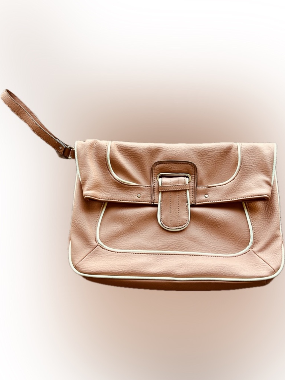 Soft Blush Clutch Wrist Bag with Contrast Piping and Buckle Flap